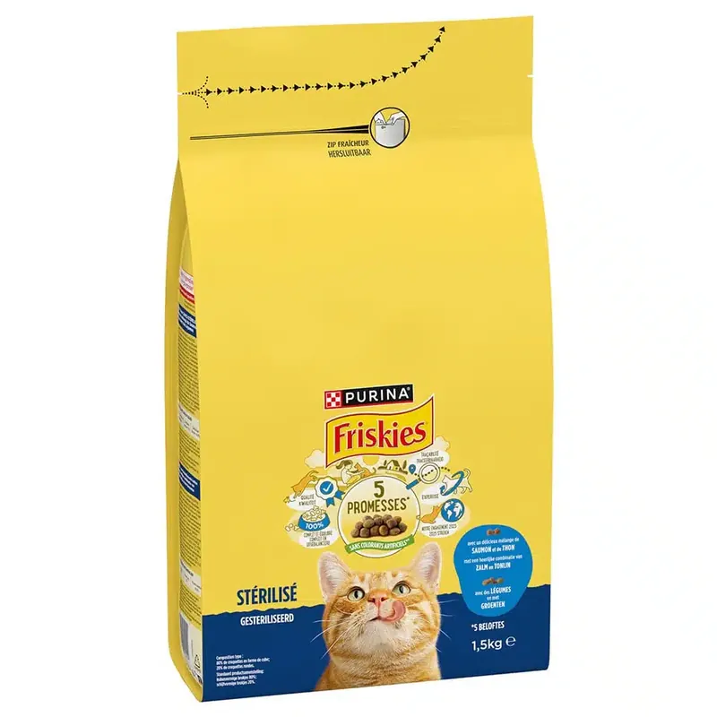 Lågt pris | PURINA Friskies Sterilised Cat med lax, tonfisk och grönsaker – 1,5 kg