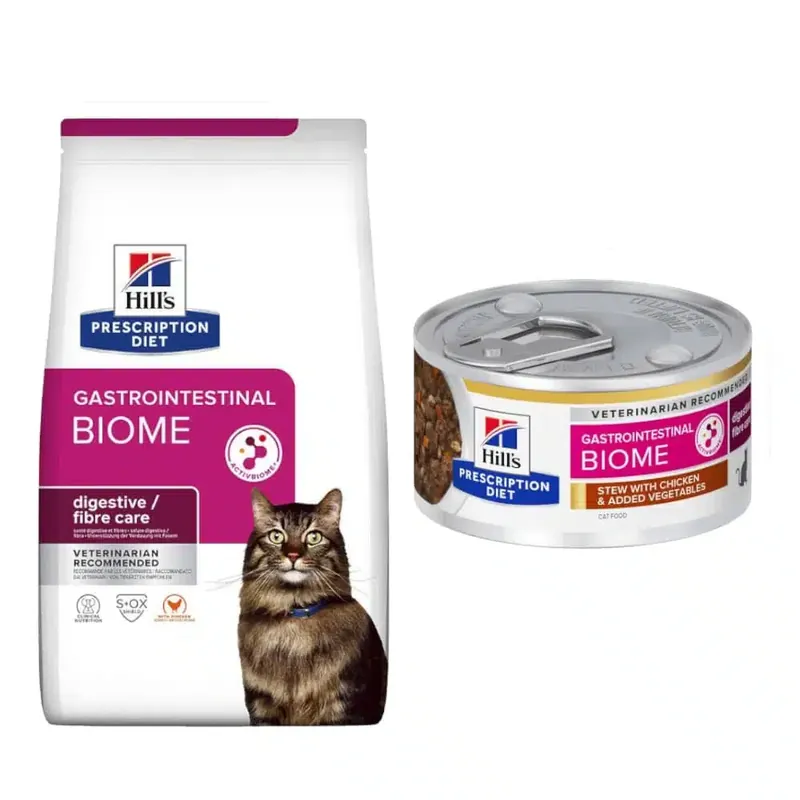 Kan beställas | Hill’s Prescription Diet 8kg + 6x82g passande våtfoder på köpet! – Gastrointestinal Biome Chicken + Gastrointestinal Biome Chicken & Vegetables