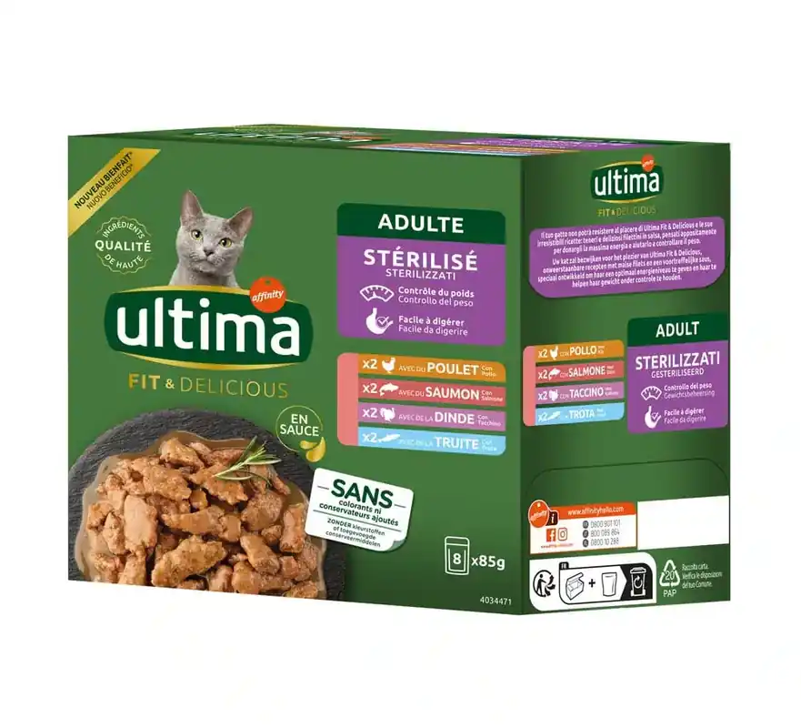 Storsäljare - Ultima Sterilized Cat 8 x 85 g – Mix I (kyckling, kalkon, lax, öring)
