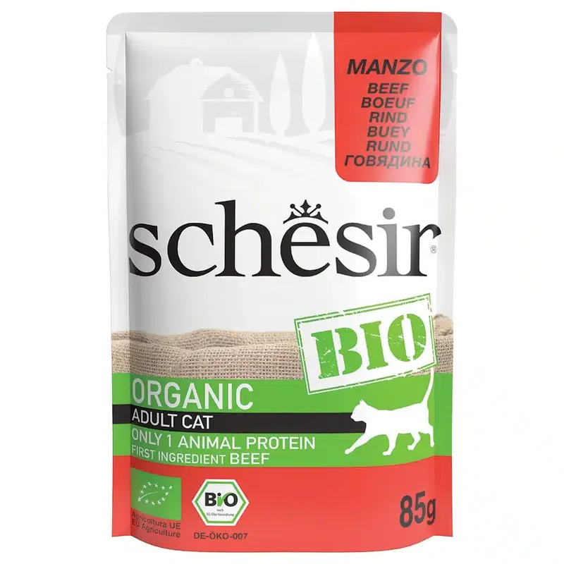 Skaffa nu - Schesir Bio Pouch 8 x 85 g – Ekologiskt nötkött