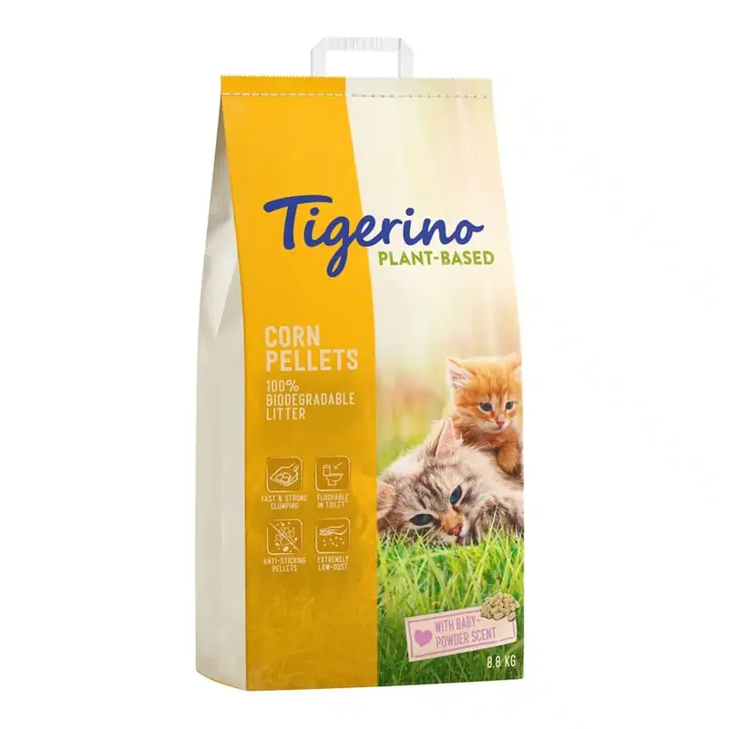 Tigerino Plant-Based kattströ av majs – doft av babypuder – 14 l | Erbjudande