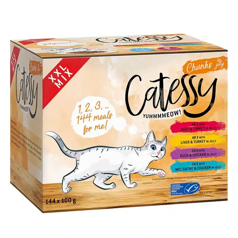 Ekonomipack Catessy XXL mixpack bitar i sås eller gelé 144 x 100 g – XXL mixpack I med 4 sorter i gelé - Klar att skickas