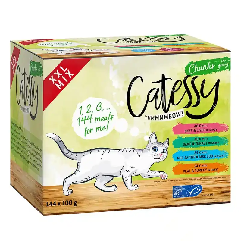 Passa på - Ekonomipack Catessy XXL mixpack bitar i sås eller gelé 144 x 100 g – XXL mixpack II med 4 sorter i sås