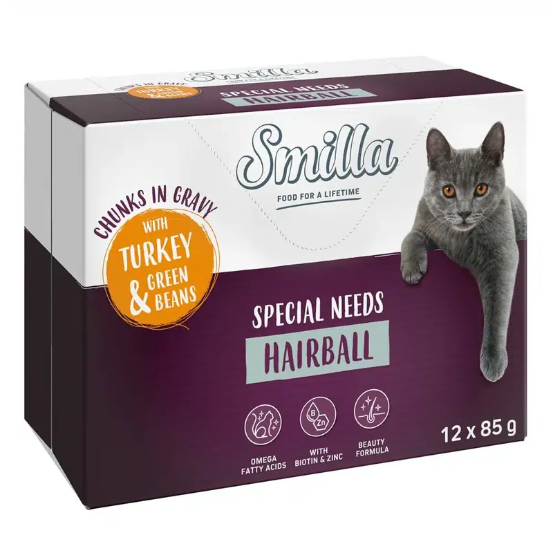 Nyhet i webbutiken - Smilla Pouch Adult Hairball Chunks in Sauce med grönsaker – Kalkon och gröna bönor (12 x 85 g)
