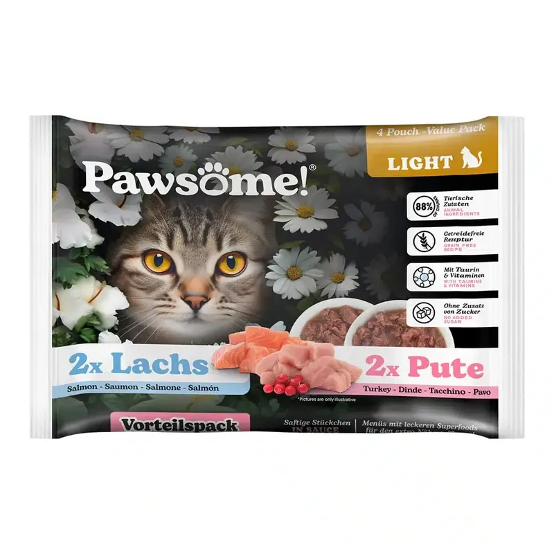 Ekonomipack Pawsome Adult Light 8 x 85 g – Kalkon + Lax - Extra bra pris