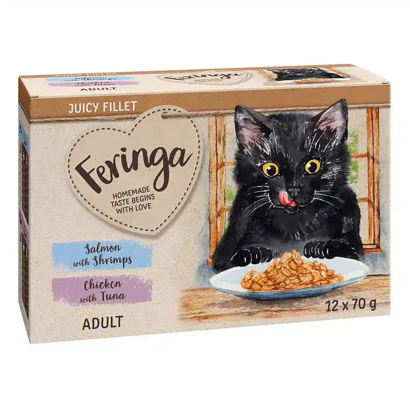 Nyinkommet | Feringa Juicy Fillet 12 x 70 g – Mixpack Lax med räkor och kyckling med tonfisk