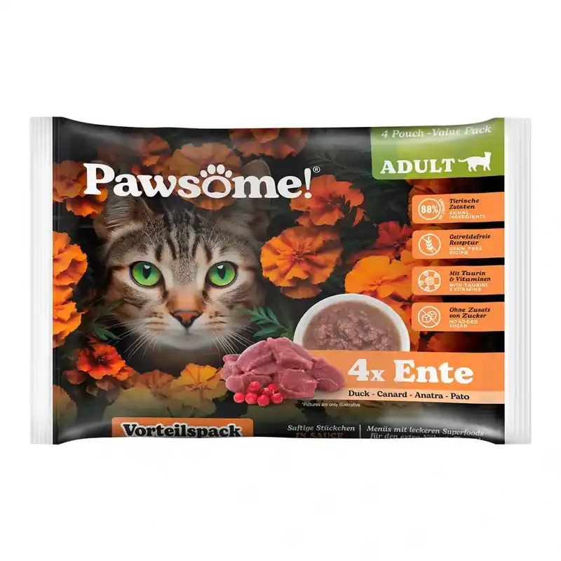 Nästan slut - Ekonomipack Pawsome Adult Cat 8 x 85 g – Anka