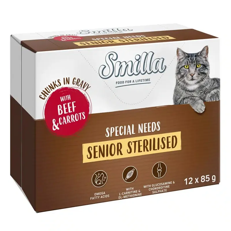Smilla Pouch Senior Sterilised Chunks in Sauce med grönsaker – Nötkött och morötter (12 x 85 g) | Bara idag