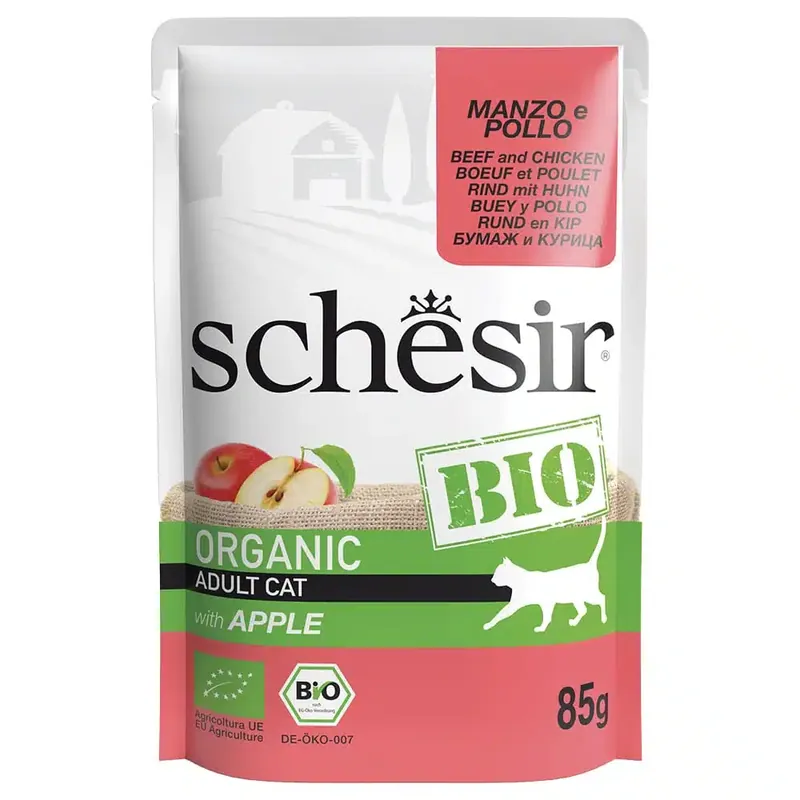 Schesir Bio Pouch 8 x 85 g – Ekologiskt nötkött och ekologisk kyckling med ekologiskt äpple - Specialerbjudande