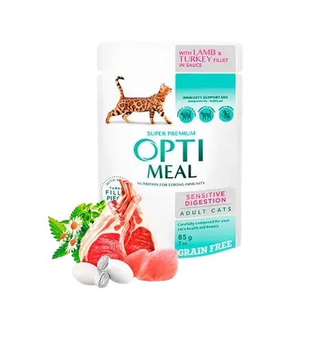 Spara nu | Optimeal – Cat Adult Grain Free Sensitive Digestion Lamb & Turkey Filet In Sauce 12 x 85g
