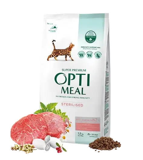 Professionell kvalitet - Optimeal – Complete dry pet food for sterilised cats – high in beef and sorghum 1,5kg