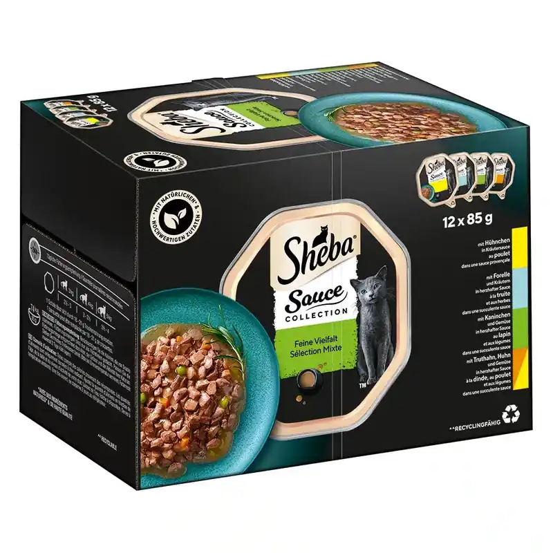 Sheba Varieties 12 x 85 g portionsform – Sauce Collection (kanin; öring; kyckling; kalkon & kyckling) - Handla online