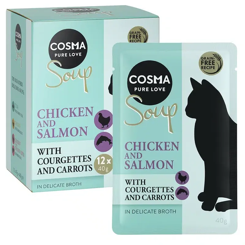 Fyndpris | Cosma Soup 12 x 40 g – Kycklingbröst och lax med zucchini och morot
