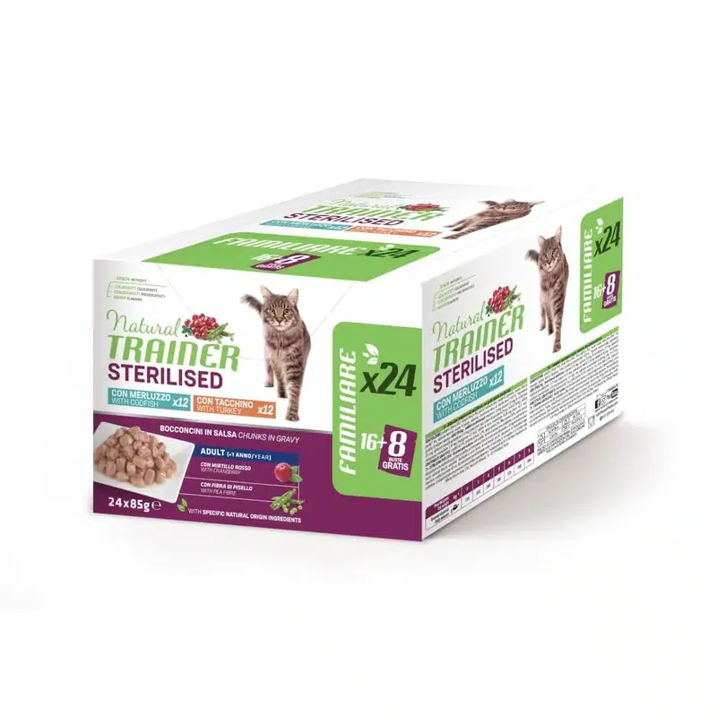 Natural Trainer Adult Sterilised – Ekonomipack 24 x 85 g Mixpack kalkon + torsk | Finns att beställa