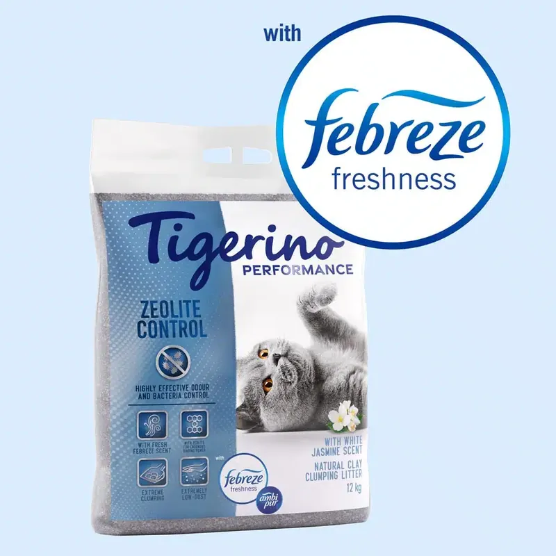Tigerino Performance Zeolite Control kattströ – Febreze Jasmin Flower – 12 kg | Prissänkt