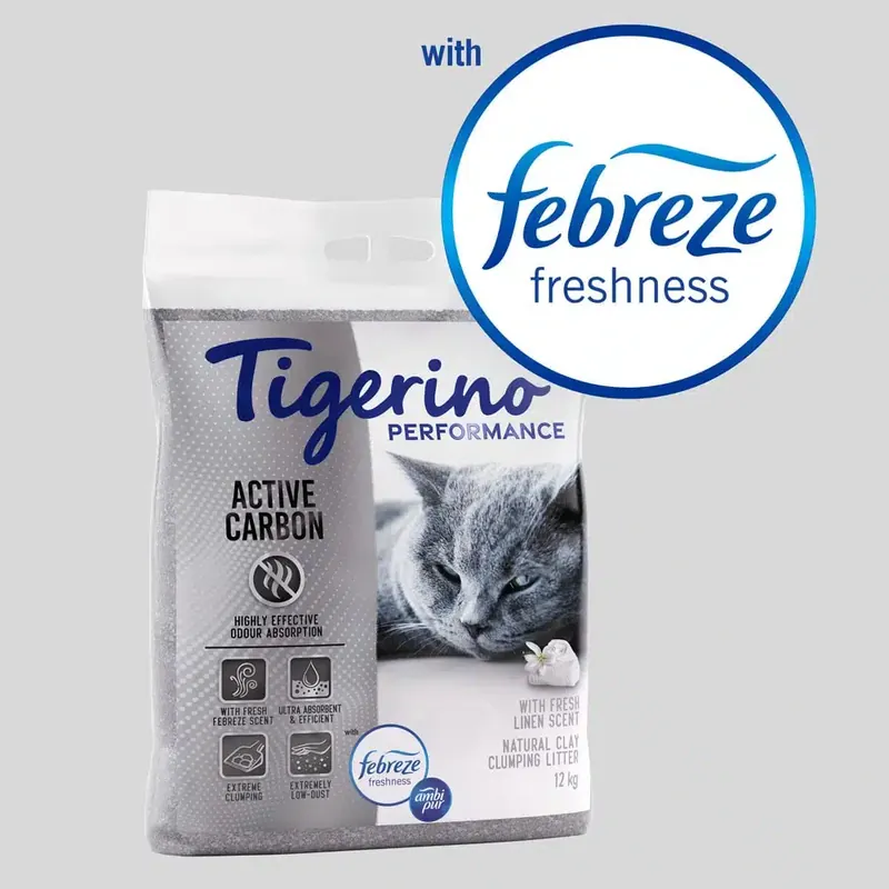 Bra pris | Tigerino Performance Active Carbon kattströ – Febreze Fresh Linen – 12 kg