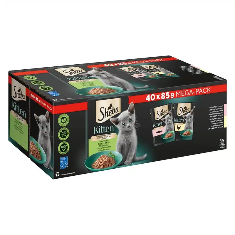 Sheba Kitten Varieties i portionspåse 40 x 85 g – Fin mångfald i sås (lax, kyckling) - Säker betalning