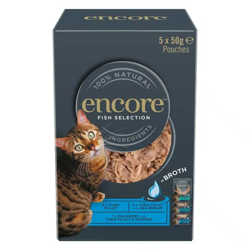 Finns i lager - Encore Cat Pouch i buljong 5 x 50 g – Fisk selection (3 sorter)