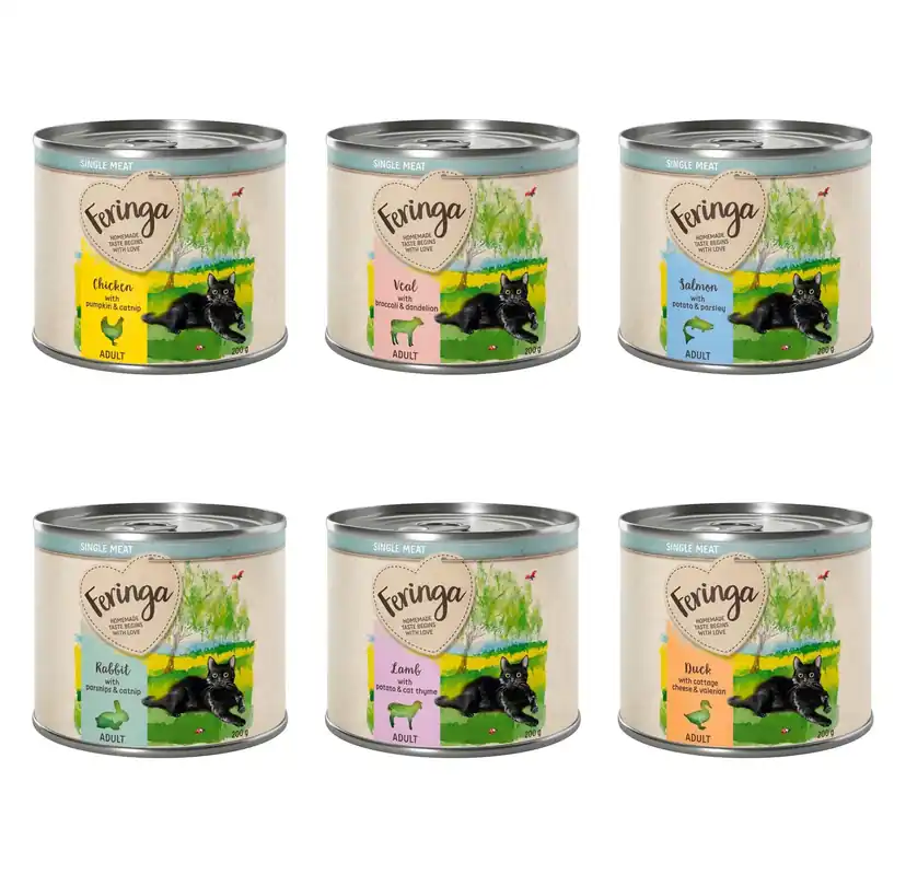 Feringa Single Meat Menu 6 x 200 g – Blandpack I (6 sorter) Kyckling, Kanin, Lamm, Kalv, Anka, Lax | Finns nu