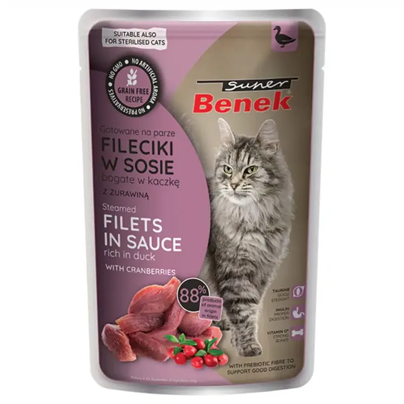 Precis tillagt - Super Benek Grain Free ångade filébitar 28 x 85 g – Anka med tranbär i sås