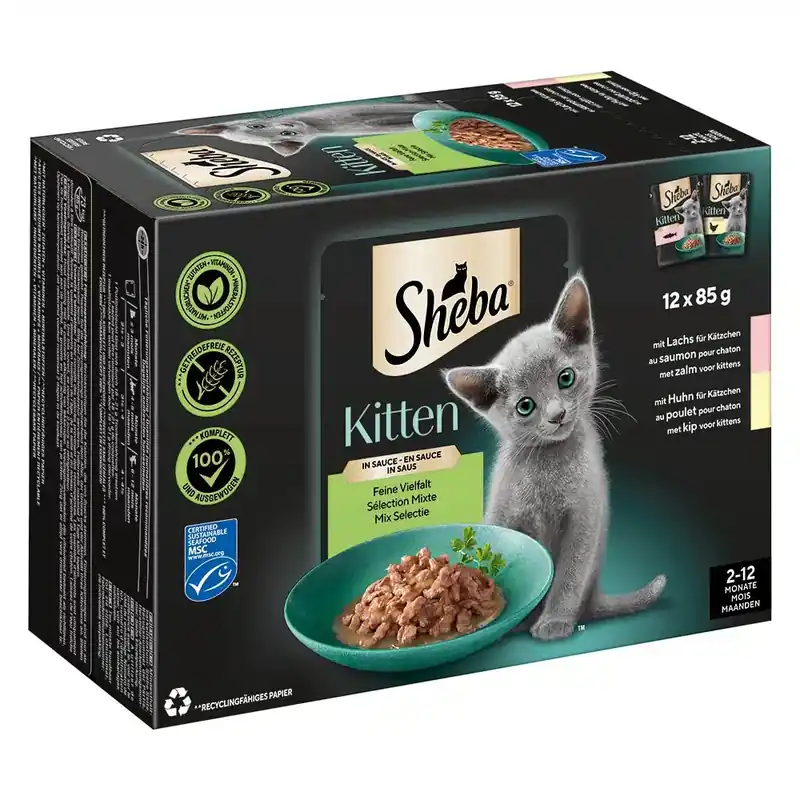 Toppkvalitet - Sheba Kitten i portionspåse 12 x 85 g – Fin variation i sås (lax + kyckling)