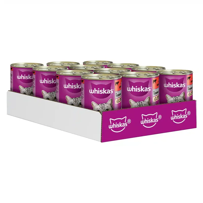 Whiskas 1+ burkar 12 x 400 g – 1+ Nötkött i terrin | Nedsatt pris
