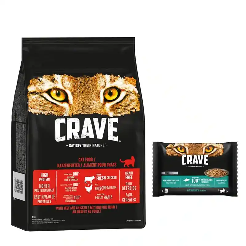 Fynd - Crave torrfoder 7kg + 4x85g Pouch Multipack – Beef & Chicken + Sauce with Tuna