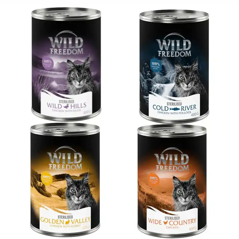 Wild Freedom Adult Sterilised 6 x 400 g – Grain Free – Mixpack (2 x Kyckling pur, 2 x Sej, 1 x Kanin, 1 x Anka) - Dagens deal