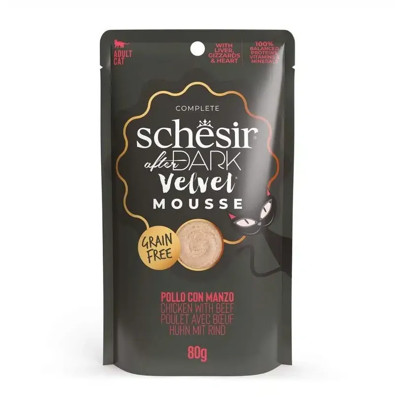 Fabrikspris - Schesir Cat Adult After Dark Velvet Mousse Kyckling & Biff 80 g