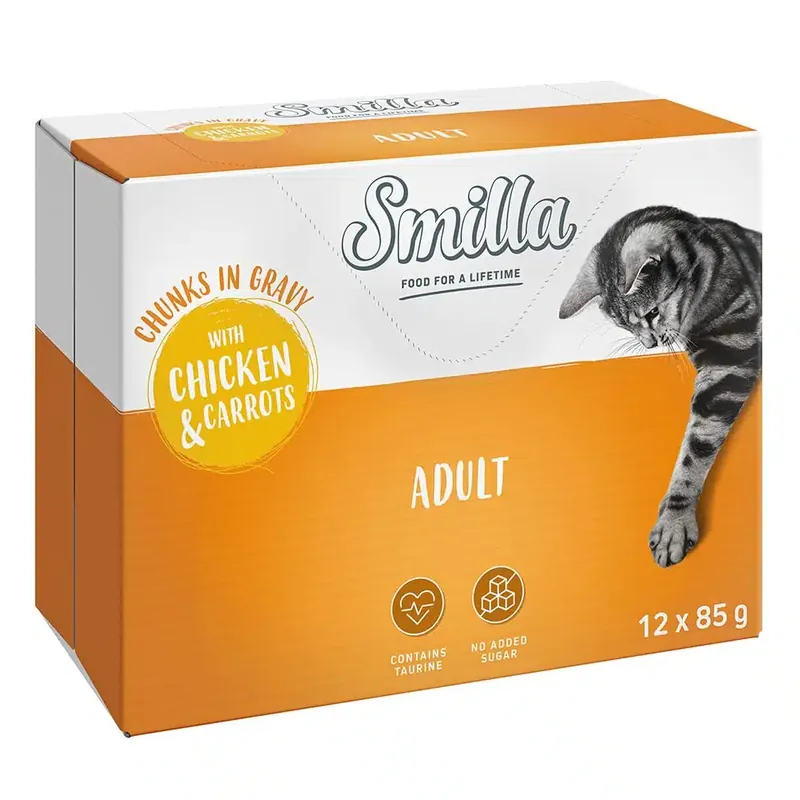Premiumkvalitet - Smilla Chunks Adult med grönsaker 12 x 85 g – Kyckling & morötter