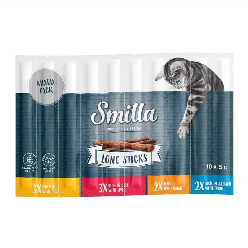Smilla Long Sticks 10 x 5 g – Mixpack I (Kyckling & anka, Kalkon & hare, Lax & öring, Nötkött & lever) - Så länge lagret räcker