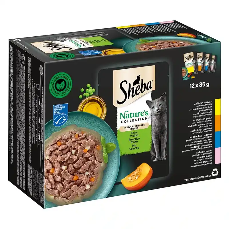Sheba Nature’s Collection in Sauce 12 x 85 g – Fine Variety Land & Sea (kyckling, kalkon, tonfisk, lax) | Premium