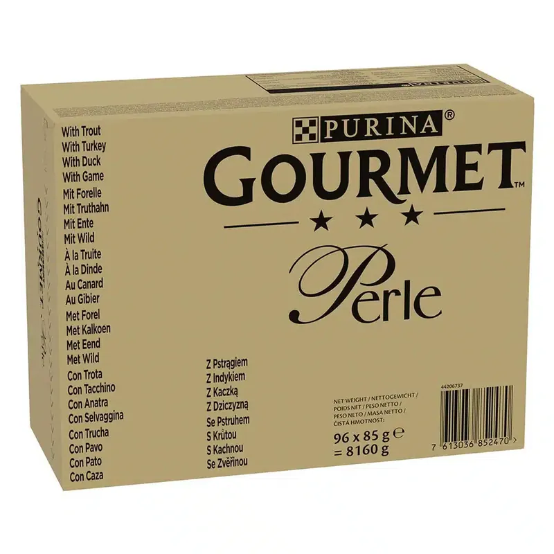Jumbopack Gourmet Perle 96 x 85 g – Öring, Kalkon, Anka, Vilt i gelé | Missa inte