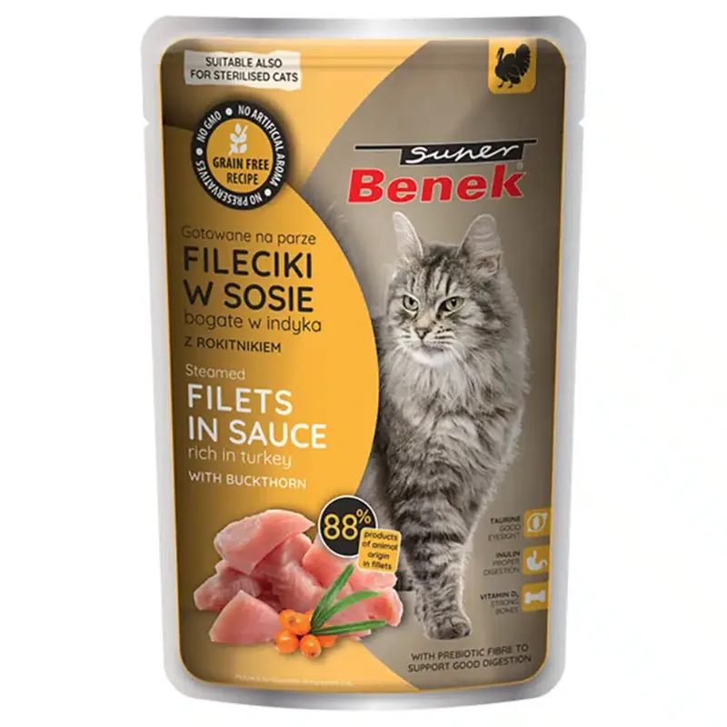 Beställ direkt | Super Benek Grain Free ångade filébitar 28 x 85 g – Kalkon med havtorn i sås