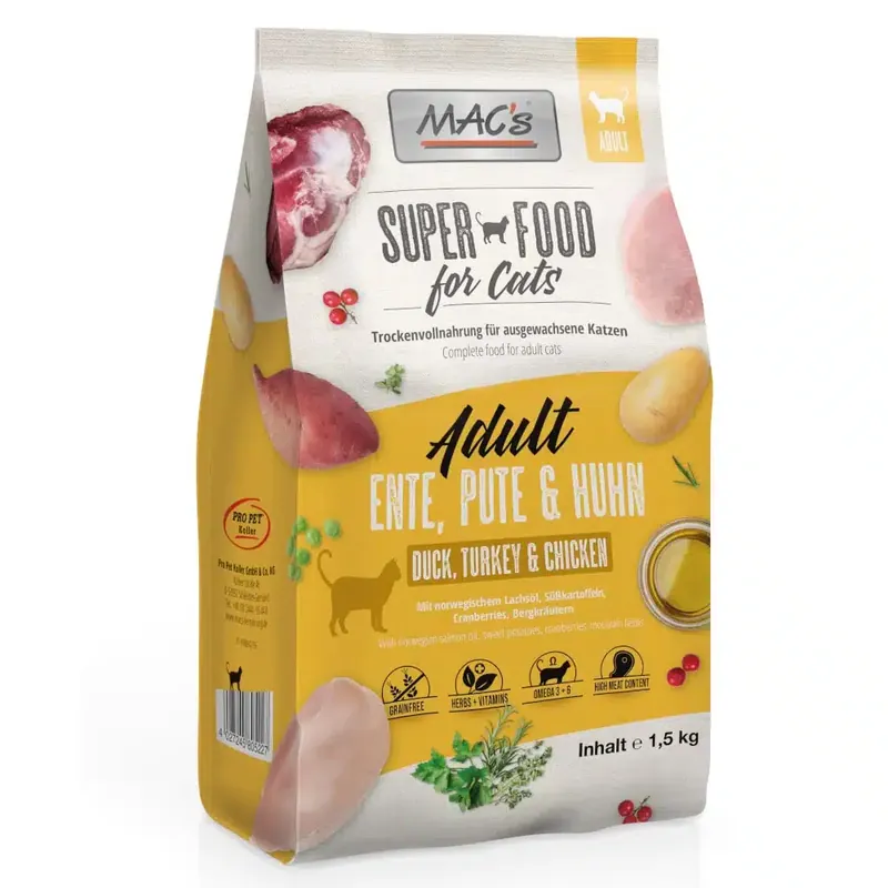 Nästan slut - MAC’s Superfood for Cats Adult Anka, kalkon & kyckling – 1,5 kg