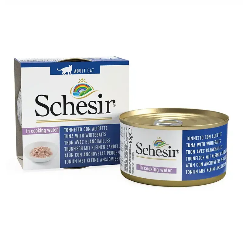 Finns att beställa | Provpack Schesir våtfoder 1 x 70 g / 85 g konservburk – Natural med ris Tonfisk & babysardiner 85 g