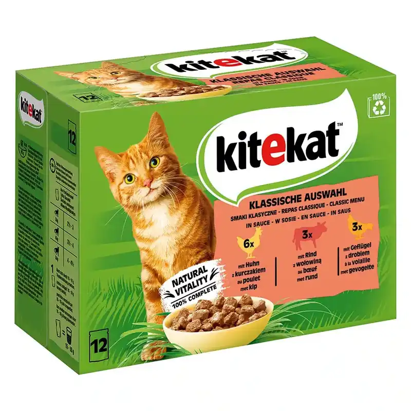 Nyhet - Ekonomipack Kitekat portionspåsar 48 x 85 g – Klassiskt urval i sås