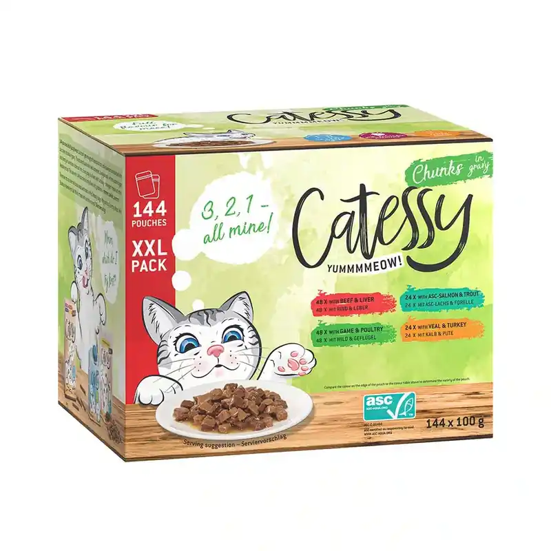 Ekonomipack Catessy XXL blandpack bitar i sås eller gelé 144 x 100 g – 4 sorter bitar i sås | Nedsatt pris