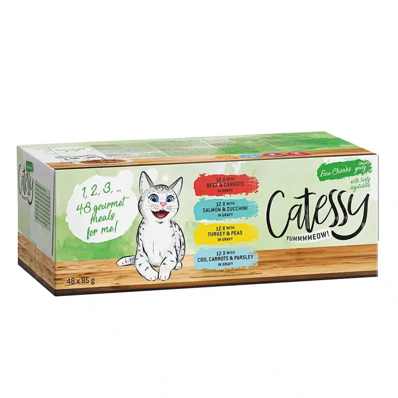 Catessy Delikatess bitar i sås med grönsaker – mix 4 sorter – Ekonomipack 48 x 85 g - Rekommenderas