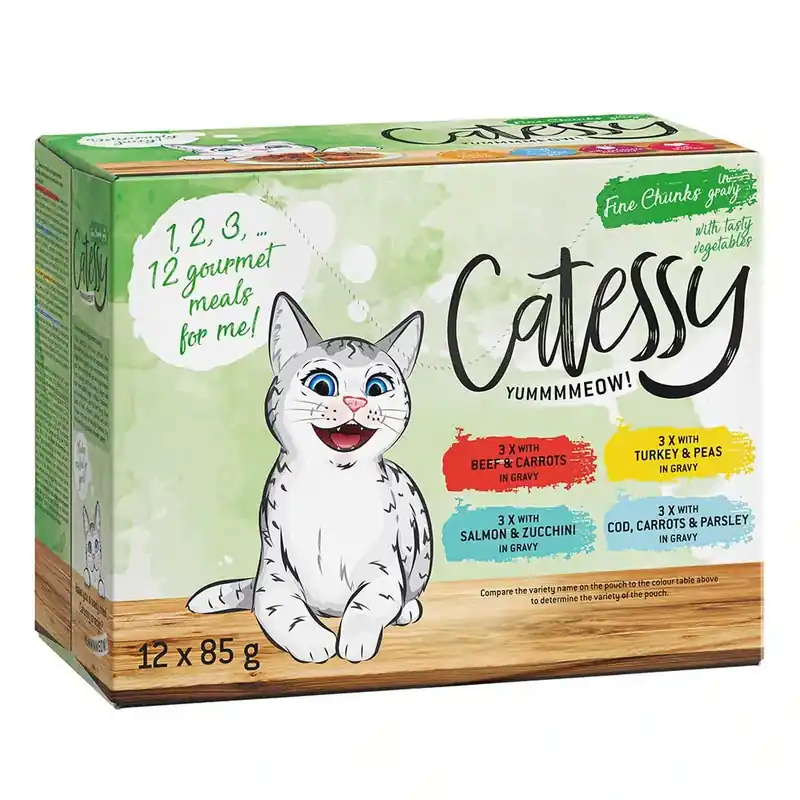 Catessy Delikatess bitar i sås med grönsaker – mix 4 sorter – 12 x 85 g | Gratis retur