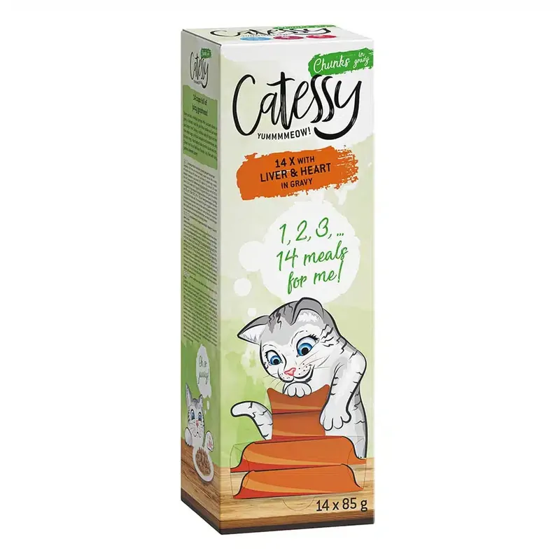 Beställ nu | Catessy bitar i sås portionsform 14 x 85 g – Med lever & hjärta