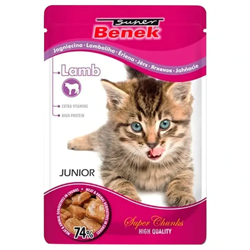 Super Benek Super Chunks Kitten 24 x 100 g – Lamm i sås - Extra rabatt
