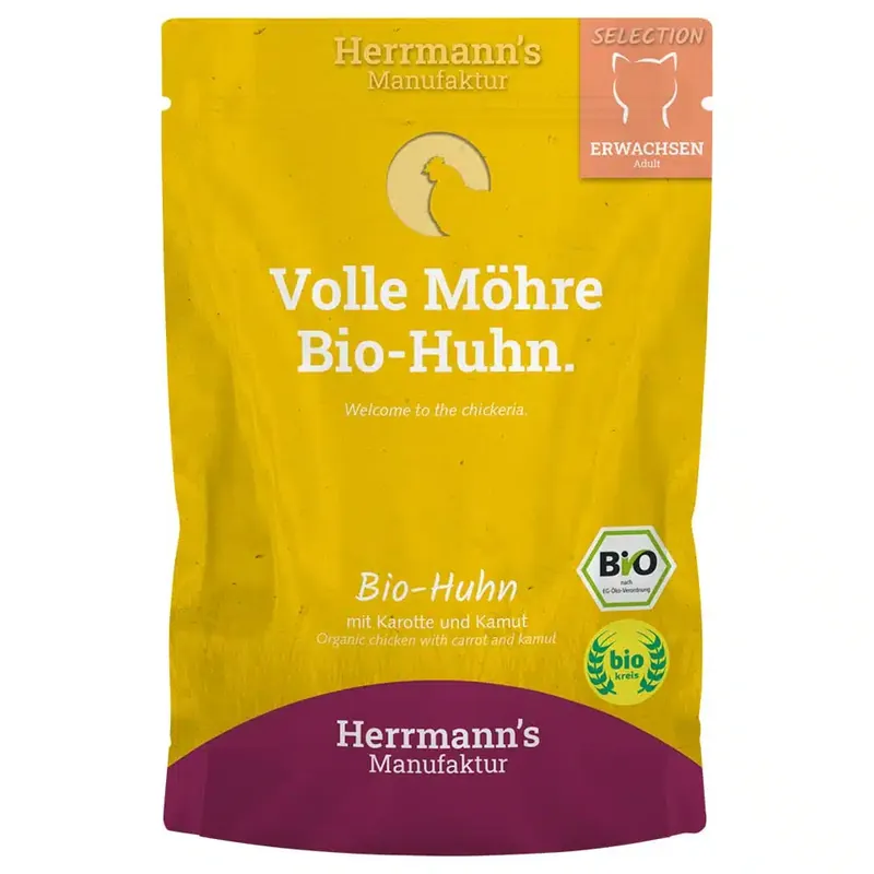 Enkel beställning | Herrmann’s Selection Ekologisk 20 x 100 g – Ekologisk Kyckling med Ekologisk Morot & Ekologisk Kamutvete