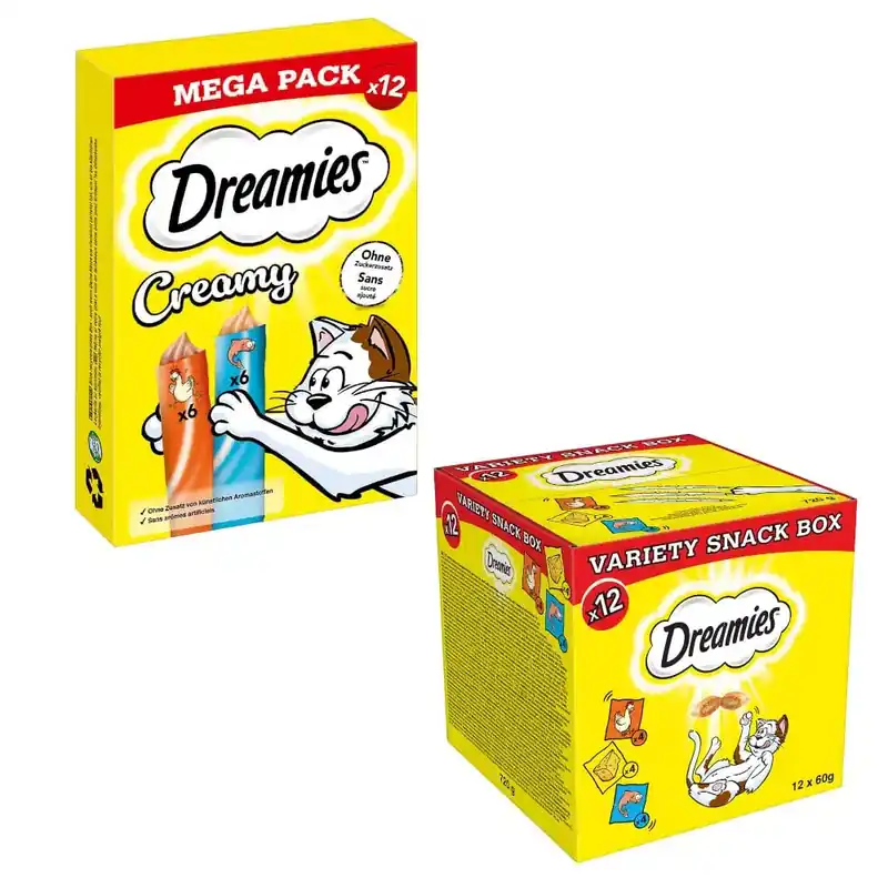 Beställ online | Dreamies Creamy Snacks + Mixbox till sparpris! – 12 x 10 g Kyckling & lax + 12 x 60 g Mixbox (kyckling, ost, lax)