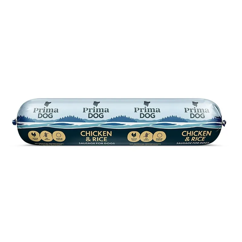 Direkt från tillverkaren | PrimaDog Sausage Chicken & Rice 800 g