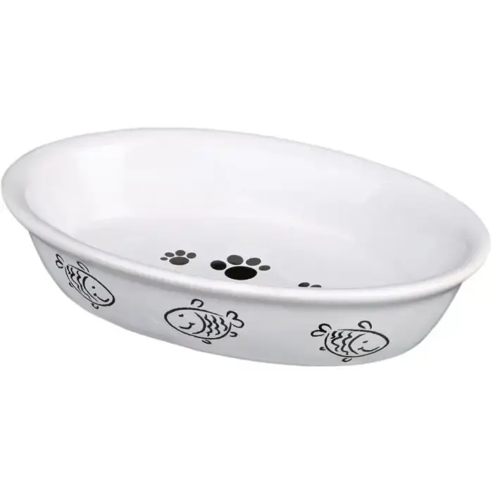 Favorit - Trixie Kattmatskål Oval 200ml – Keramikskål med tassar och fiskmotiv