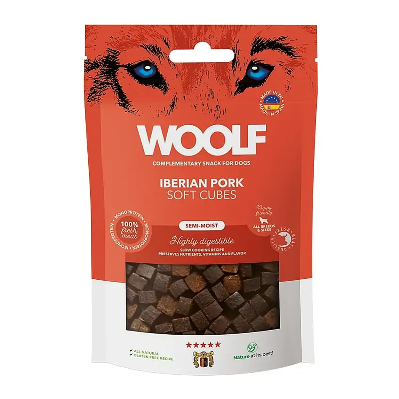 Hundgodis Woolf Soft Cubes Iberian Pork 100 g - Rabatter