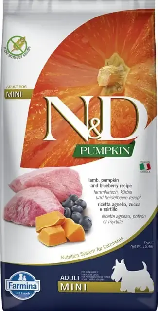 Toppkvalitet | FARMINA N&D Pumpkin Lamm & Blåbär Adult Mini 7 kg