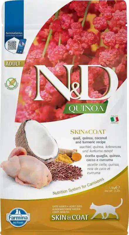 Direkt från fabriken | FARMINA N&D Quinoa Cat Adult Skin & Coat vaktel, kokosnöt 1,5 kg