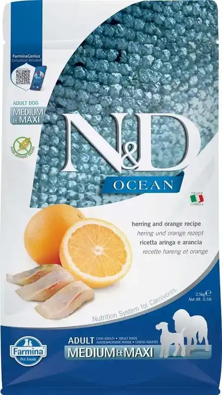 Nyligen lanserat | FARMINA N&D Ocean Dog Adult sill & orange Medium & Maxi 2,5 kg